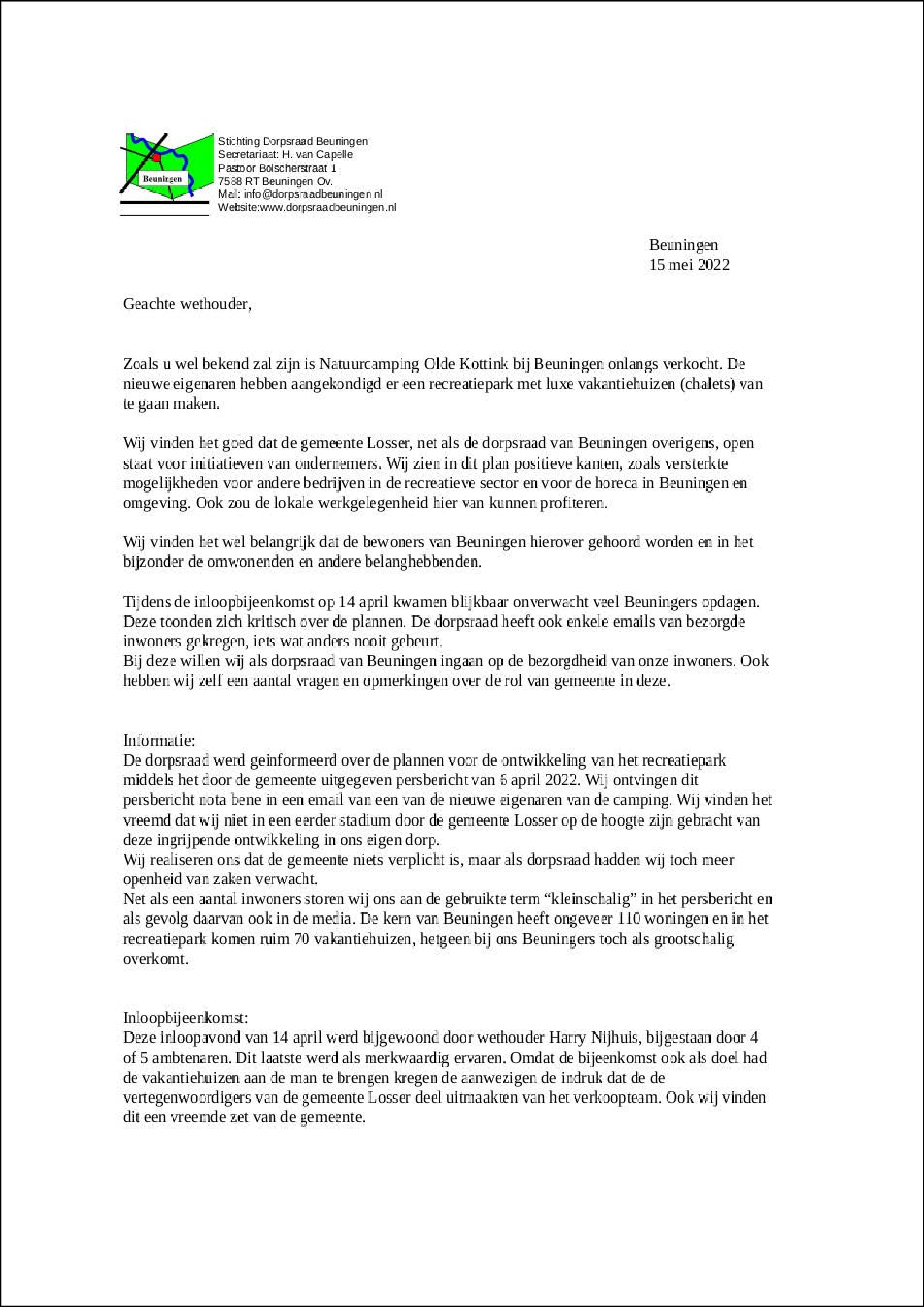 Brief van de Dorpsraad Beuningen over Olde Kottink 15052022
